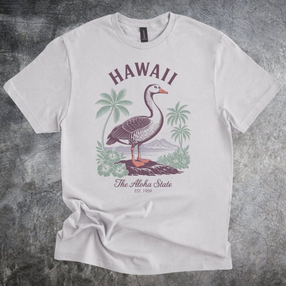 Hawaii Goose Shirt Island Illustration Graphic Tshirt Cotton Crewneck Gray